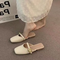 复古百搭包头半拖温柔褶皱半拖鞋女2025法式软底一脚蹬仙女单鞋女